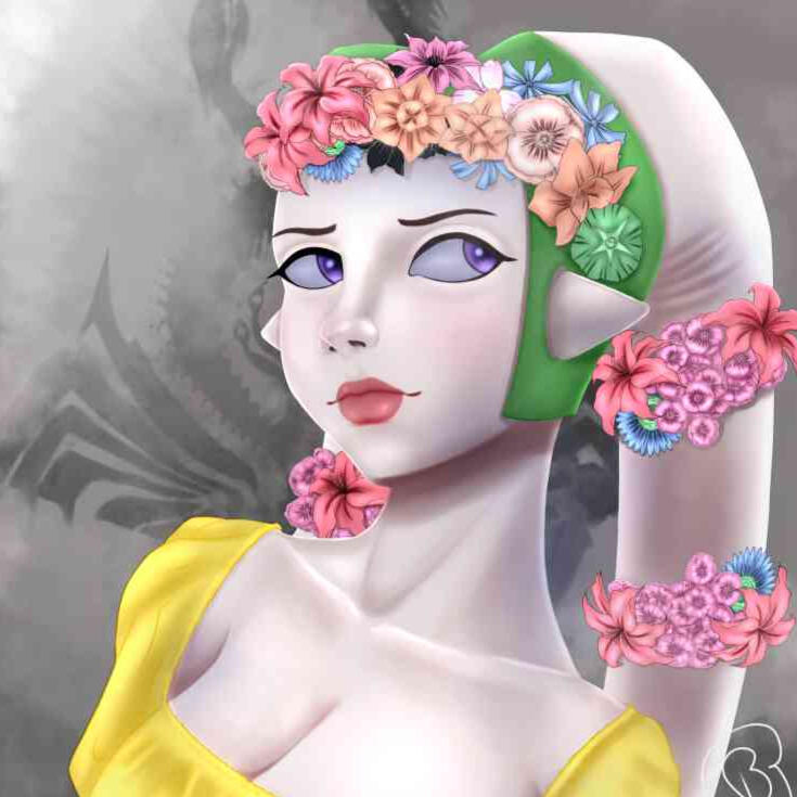 A bust of Asha Ven, a white Twi'lek with a flower crown, a green head covering, and a yellow dress looks up at the view from a three-quarter turn, a small smile on her lips. There are cuffs of flowers down her lekku, and the background is grey with a faded